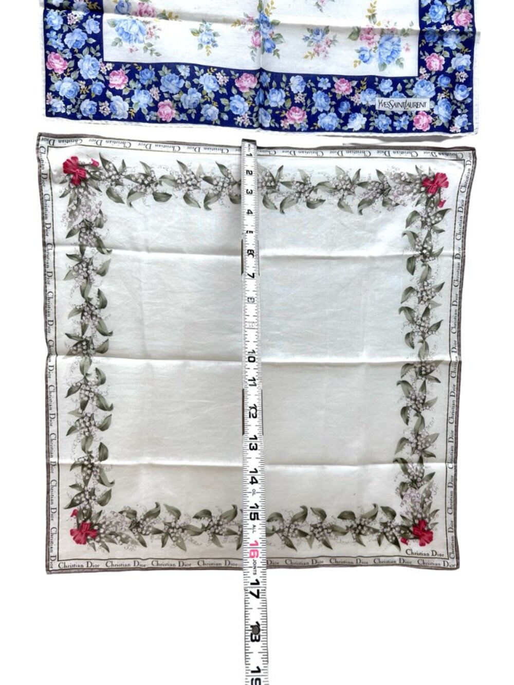 2 Neck-Kerchief YSL & Christian Dior cotton 18.5" white blue red  foral ( - Picture 9 of 14